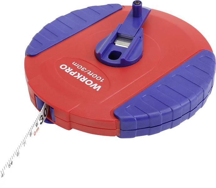 A red, round tape measure with blue ends and the inscription 'WORKPRO 100FT/30M'. Part of the tape shows '30'.