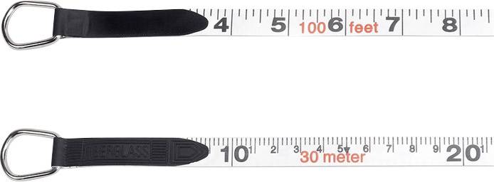 Tape measure with two scales: feet at the top, metres at the bottom. Both scales show distances from 4 to 20 units.