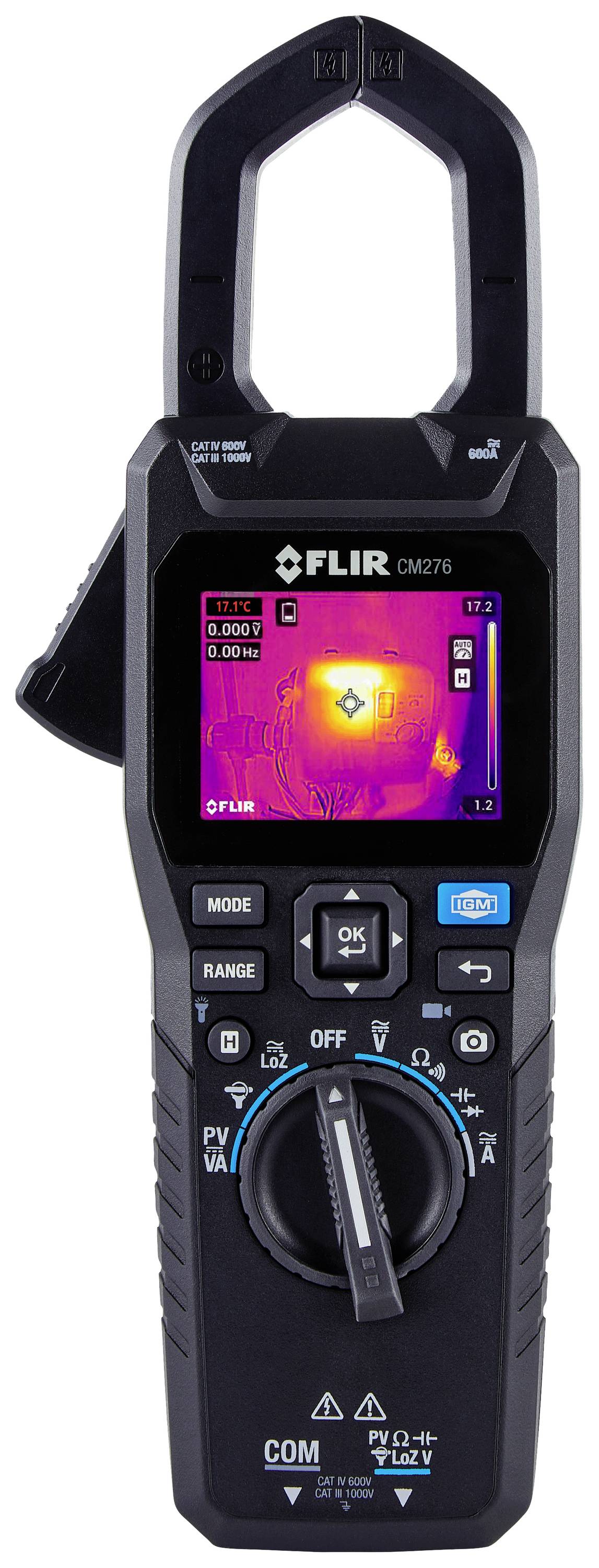 A digital multimeter with a thermal camera displays a thermal image on the screen. It is used for monitoring temperature differences.