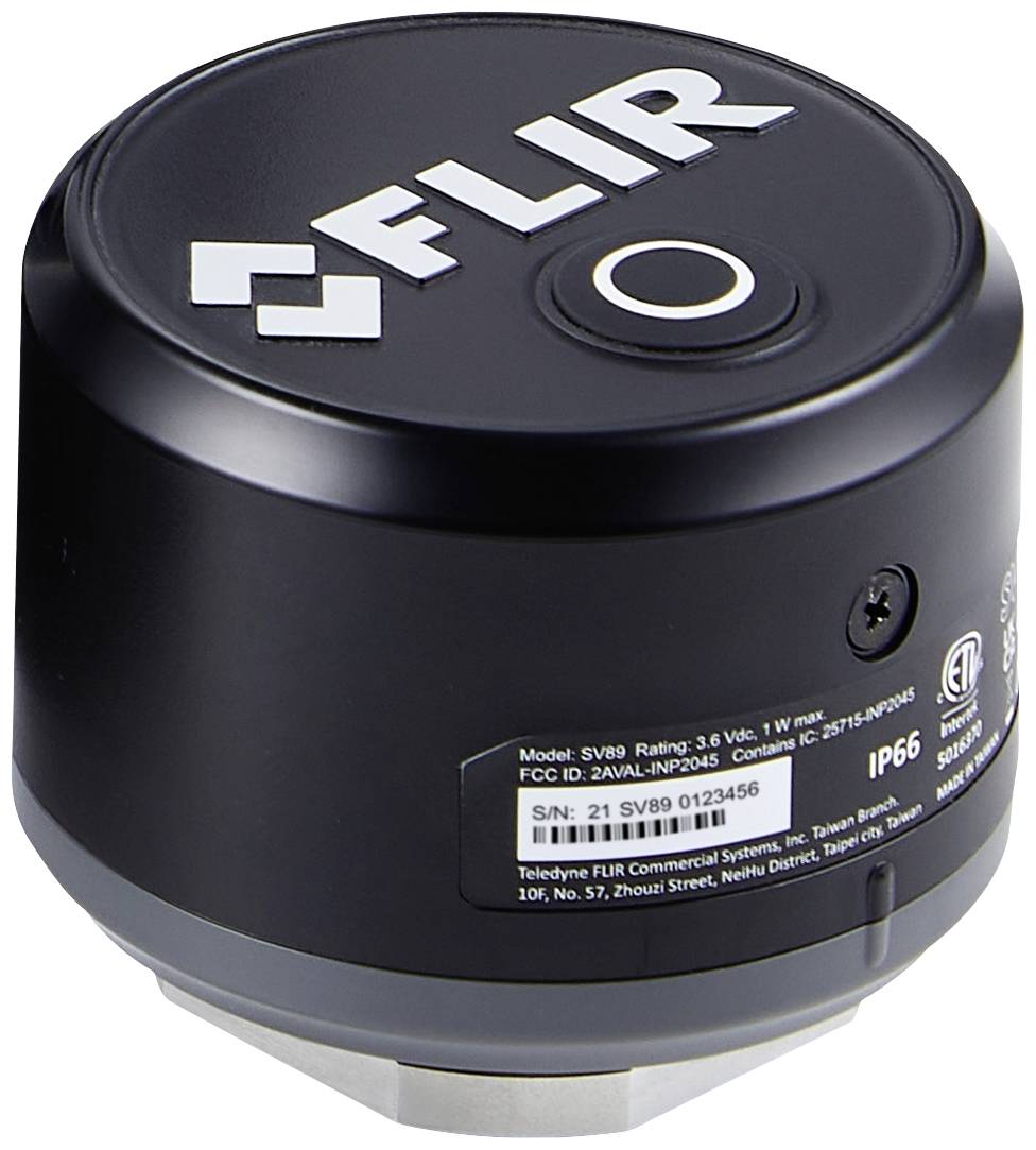 A black FLIR camera, Model SV89, equipped for robust environments with IP66 rating. Serial number: 21 SV89 0123456.