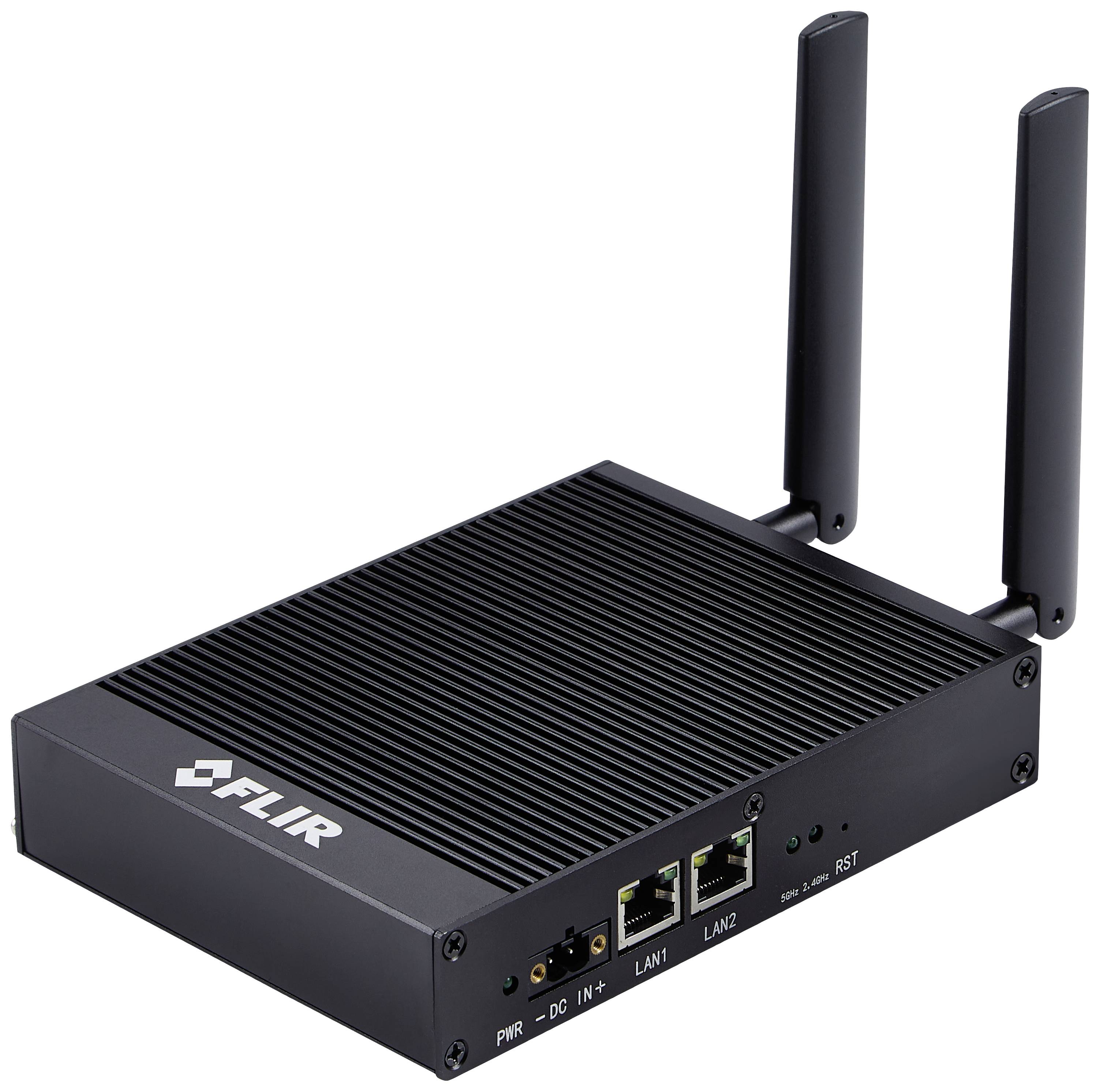 A black router from FLIR with two aerials, two LAN ports, and a reset button, suitable for network connections.
