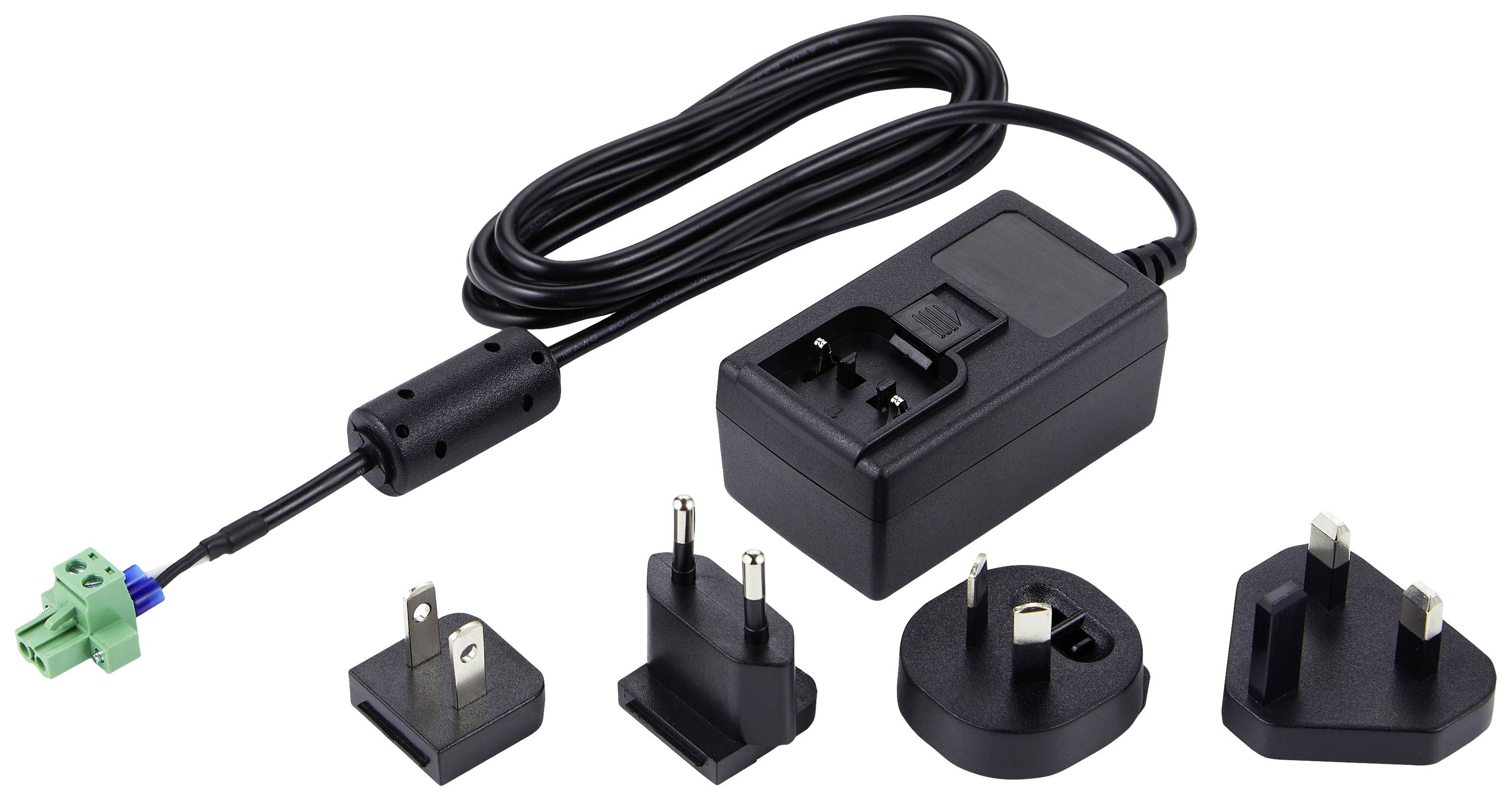 A black power supply with a detachable cable, equipped with multiple interchangeable plug adapters for international use.