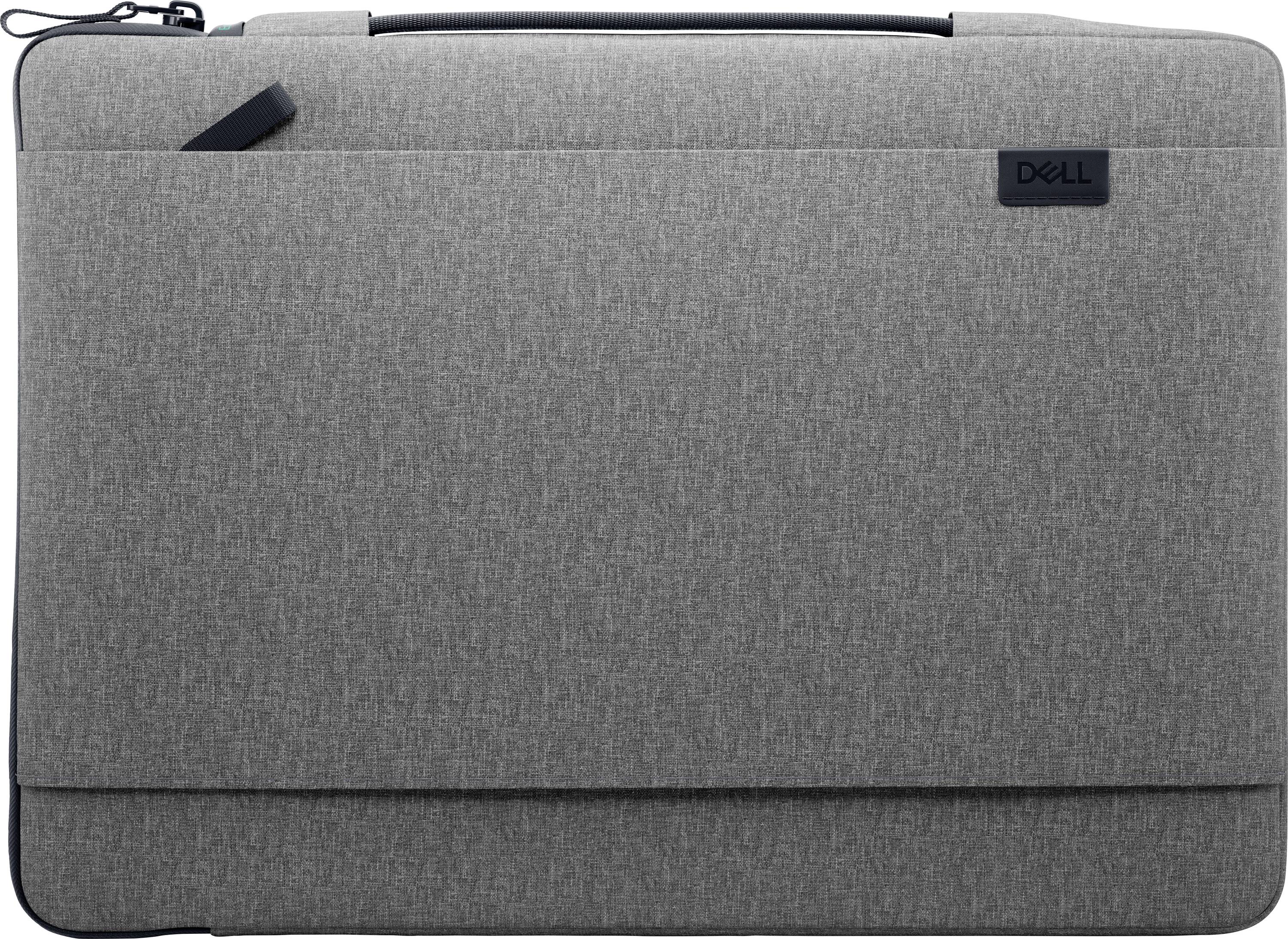 Light grey Dell laptop bag with a black handle. The front features a small zipped pocket in the top corner.