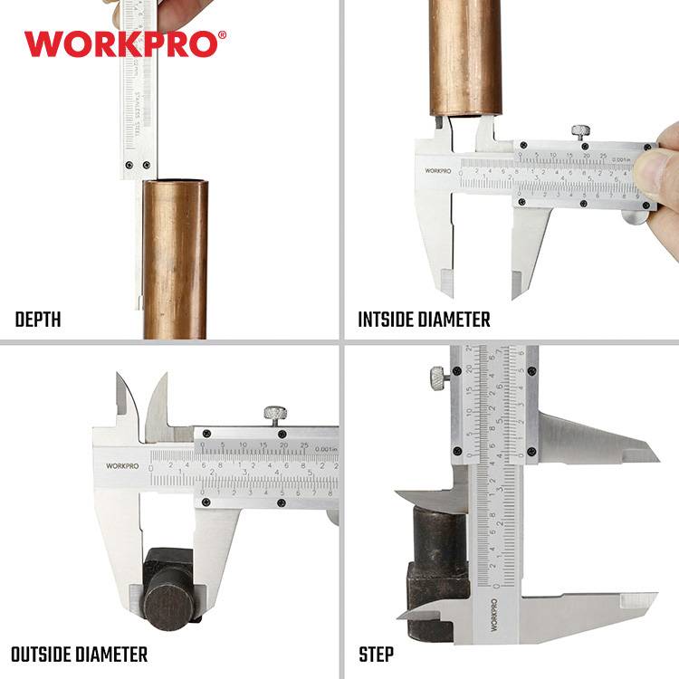WORKPRO digital calliper is used to measure depth, internal and external diameters, and steps of a copper pipe.