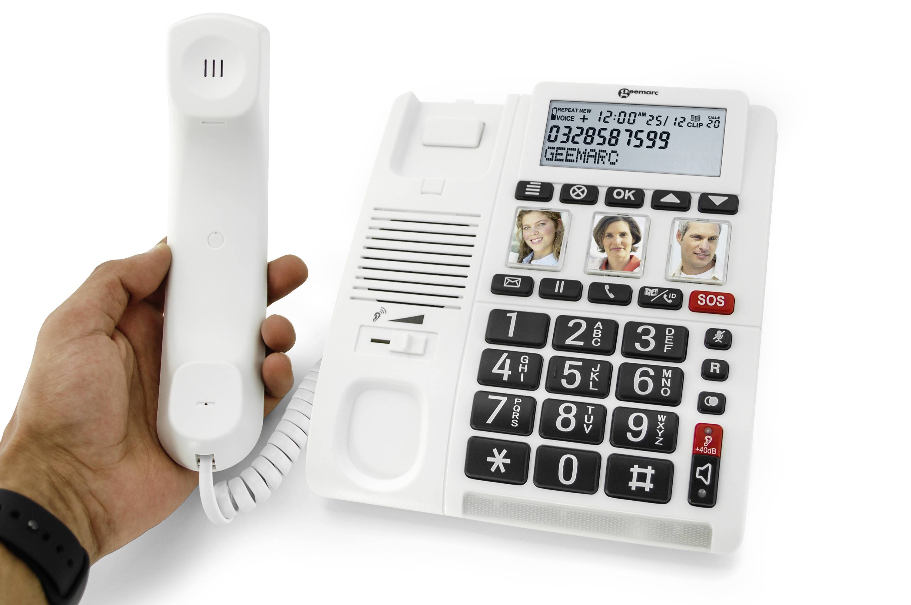 A cordless telephone with large buttons and photo buttons for four contacts. An LCD screen displays the number 0328587599.