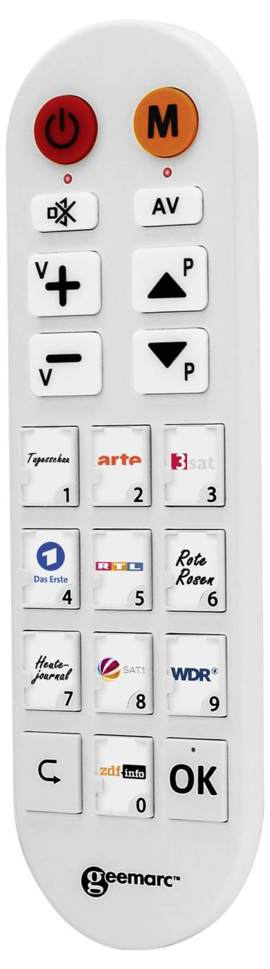 A white remote control with large buttons. At the top are power and mode buttons, below which are volume and channel controls.