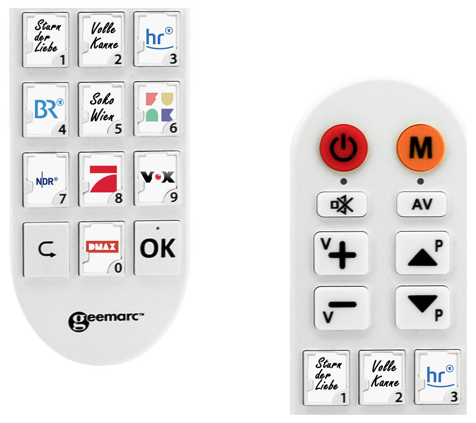 Two remote controls with large buttons, one on the left with channel logos and one on the right with basic functions such as volume and channel selection.
