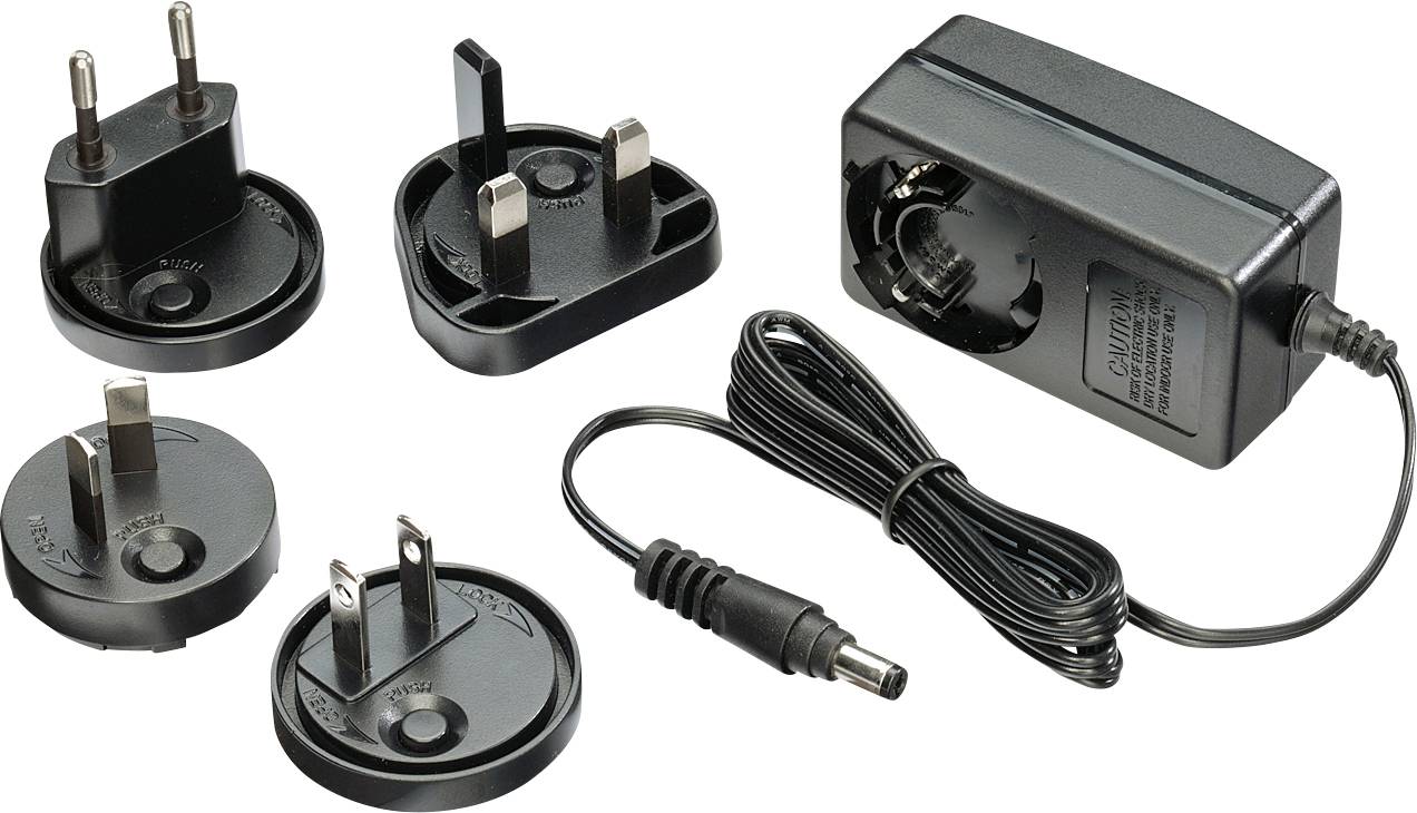 Power supply with various detachable plug adapters, suitable for international power sockets.