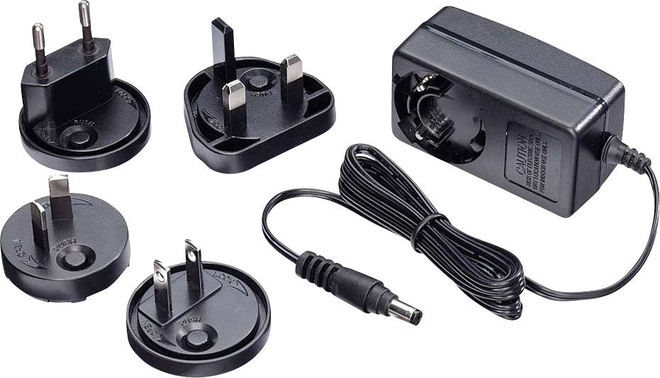 Power adapter with four interchangeable plug adapters for international use. Includes EU, UK, US, and AU plugs.