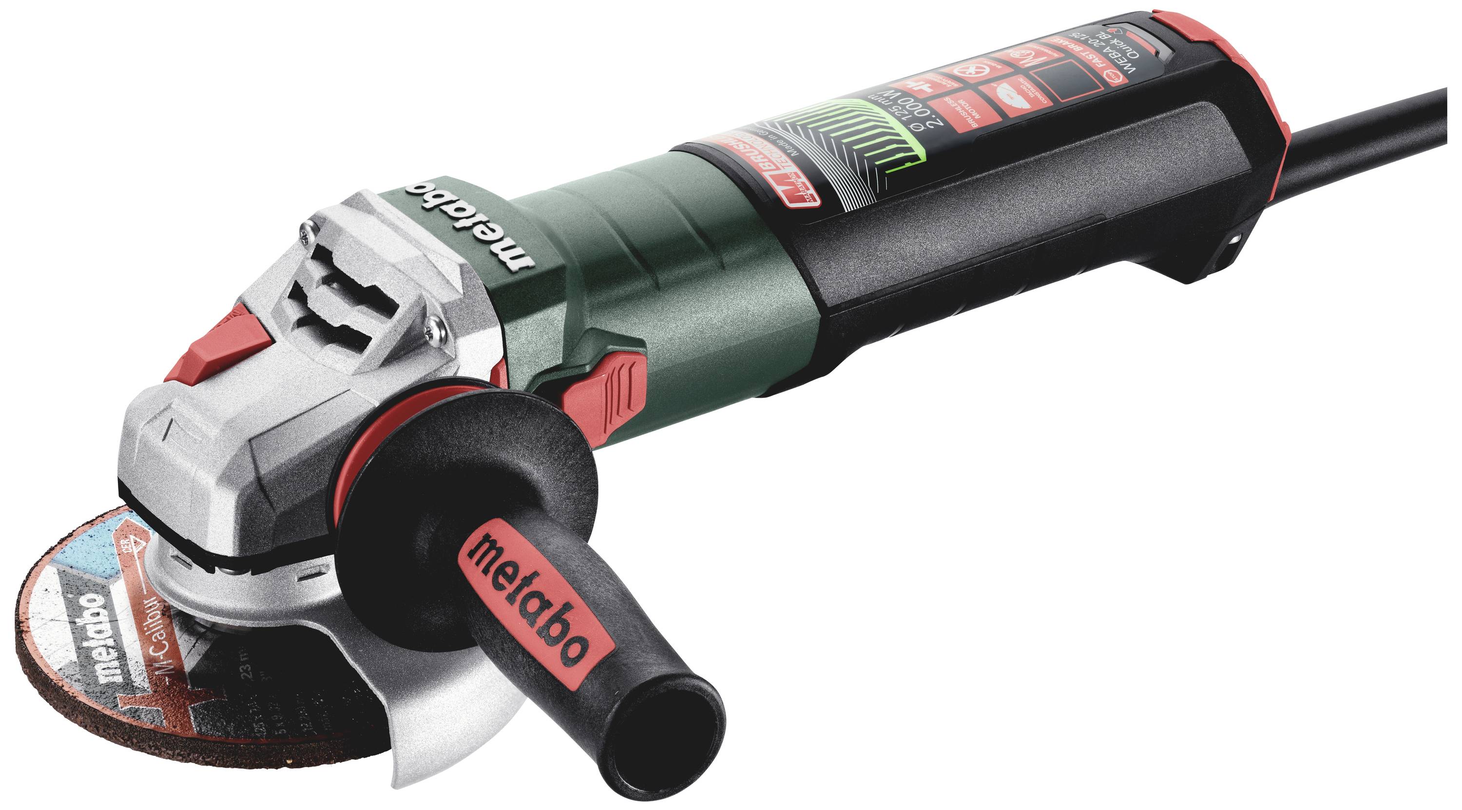 An electric angle grinder with a green casing and black handle. It is pictured against a white background.