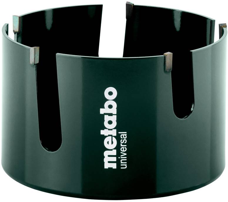 Black drill attachment with the white 'metabo' lettering vertically positioned on the surface. Cylindrical shape with multiple recesses.