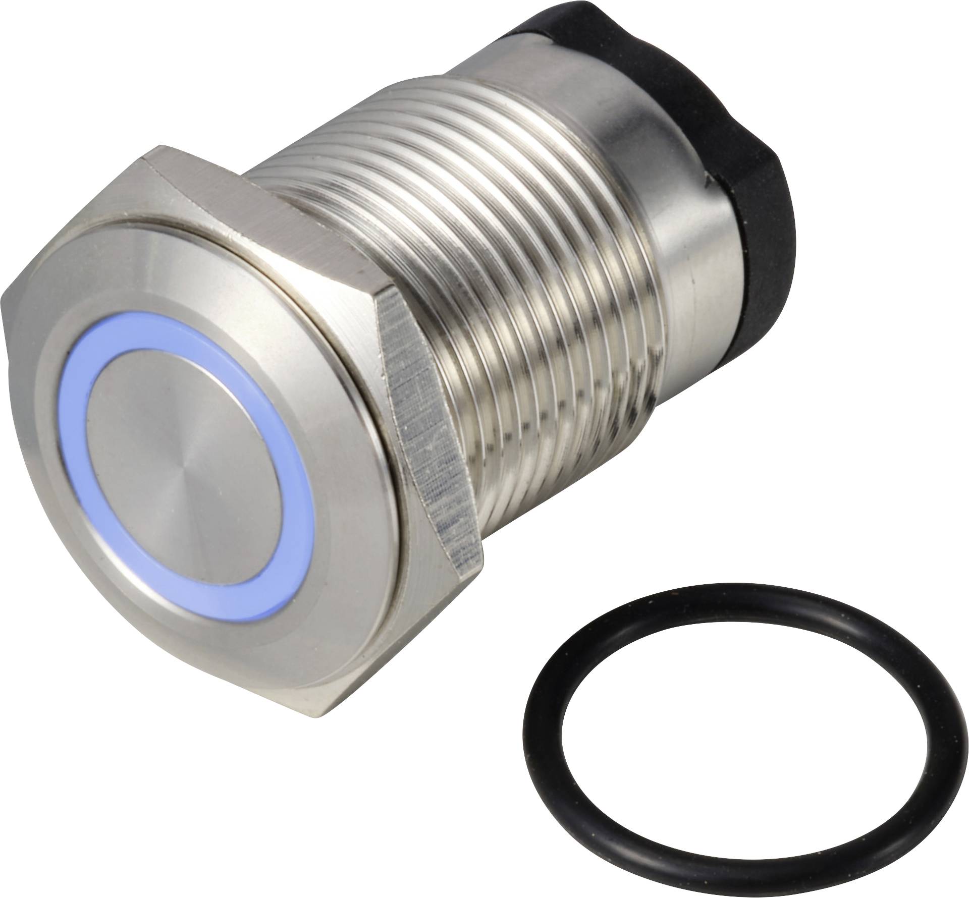 A silver push button with a blue illumination ring, with a black rubber ring lying beside it.