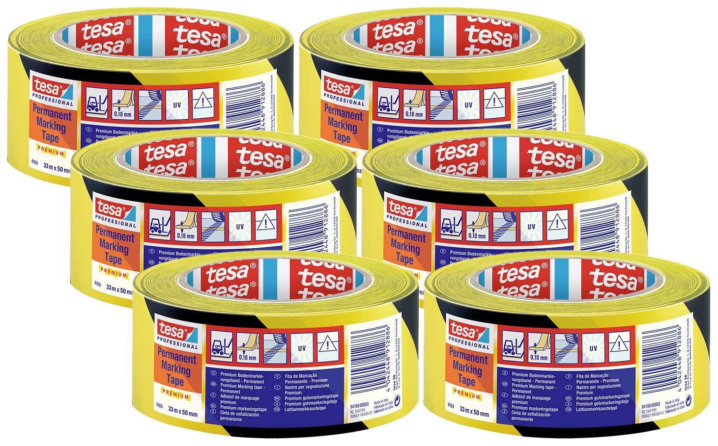 Seven rolls of yellow, permanent marking tape by 'tesa' with red and blue labels, suitable for smooth surfaces.