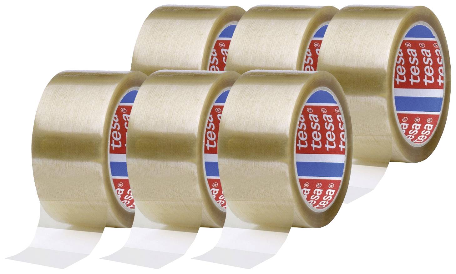 Six transparent sticky tape rolls with a red 'tesa' logo on a white surface.