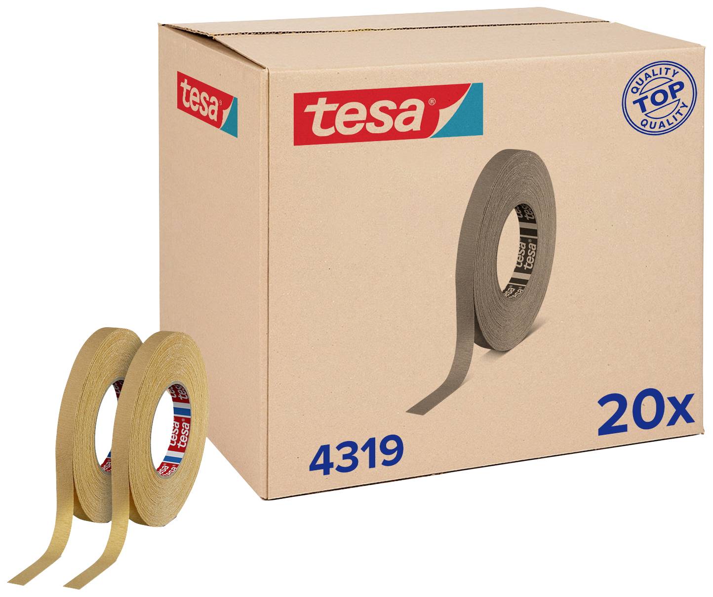Two rolls of Sellotape in front of a cardboard box containing 20 rolls.