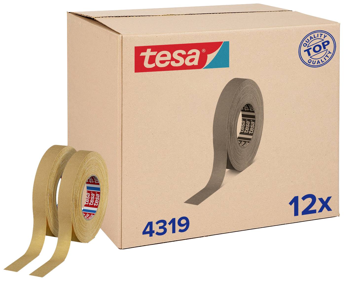 A large, beige cardboard box with the red 'tesa' logo. Two rolls of adhesive tape are placed beside it. The box is marked with '4519' and '12x'.