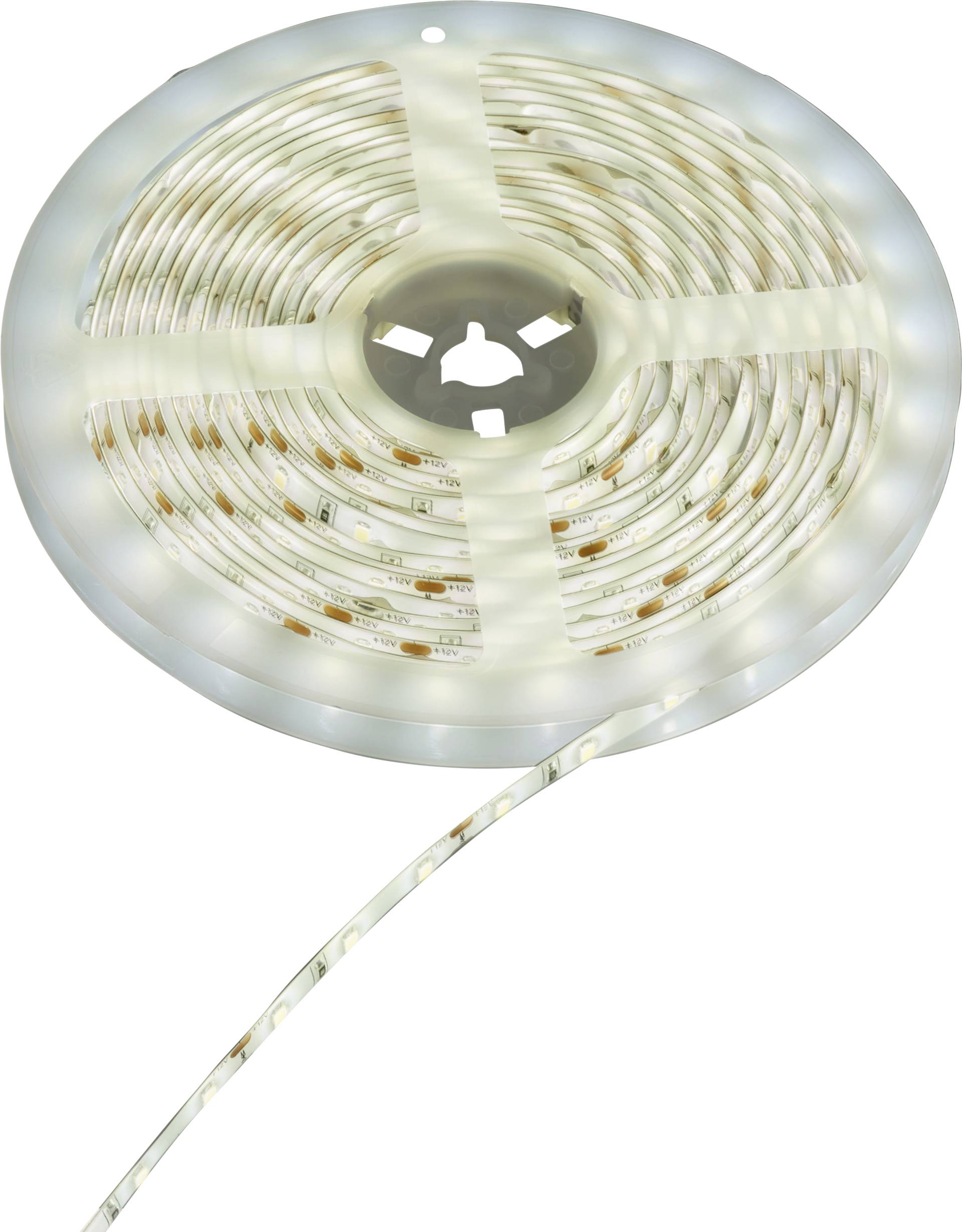 A coiled LED light strip with visible diodes, ready for use in lighting projects.