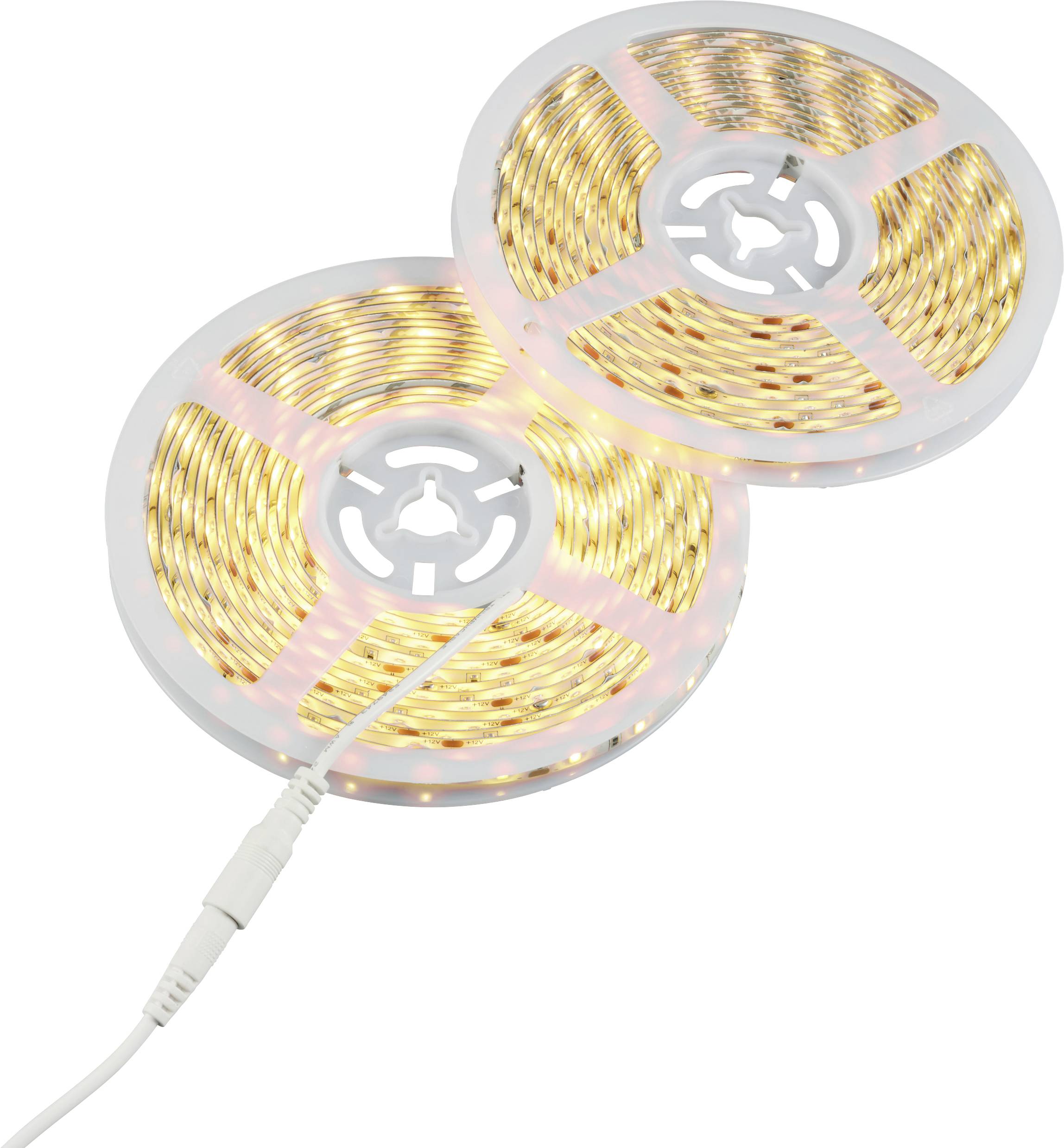 Two warm white LED light strips placed side by side, with connected cable.