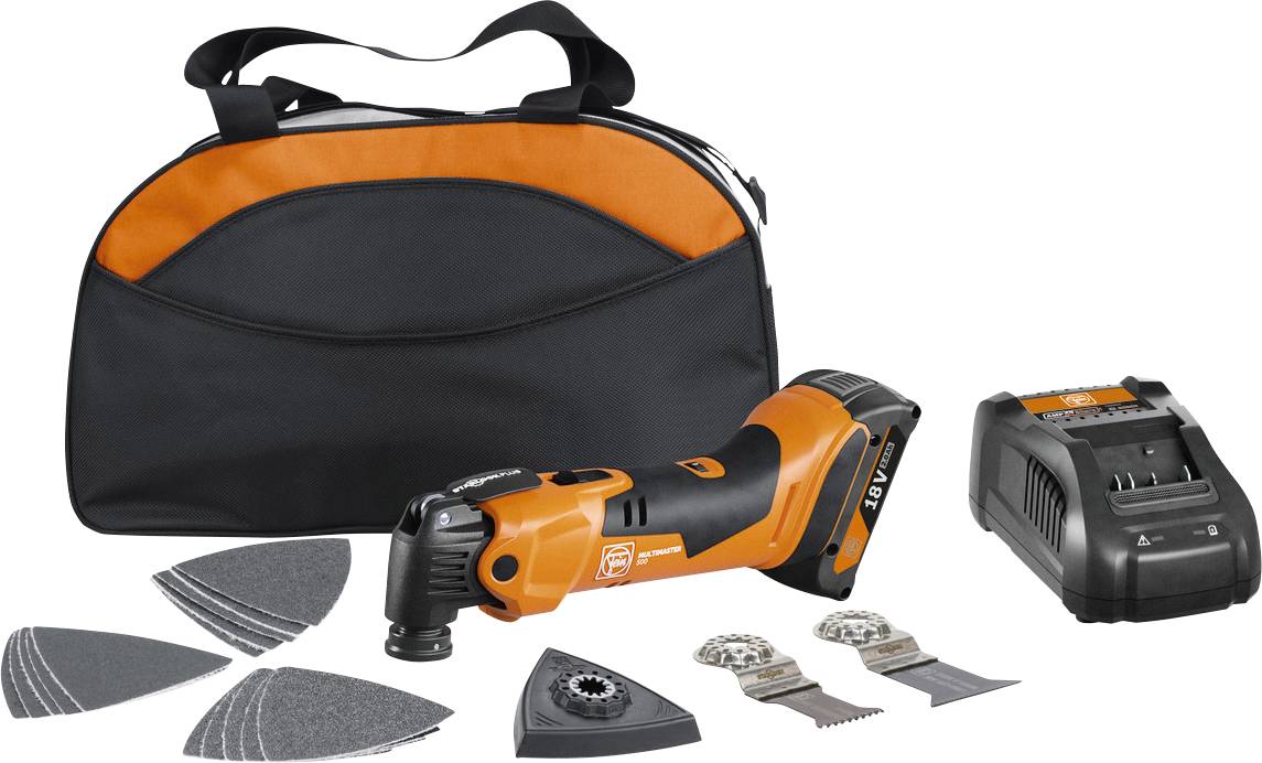 Cordless oscillating tool set with battery charger, sanding and cutting attachments. Includes black and orange carry case.