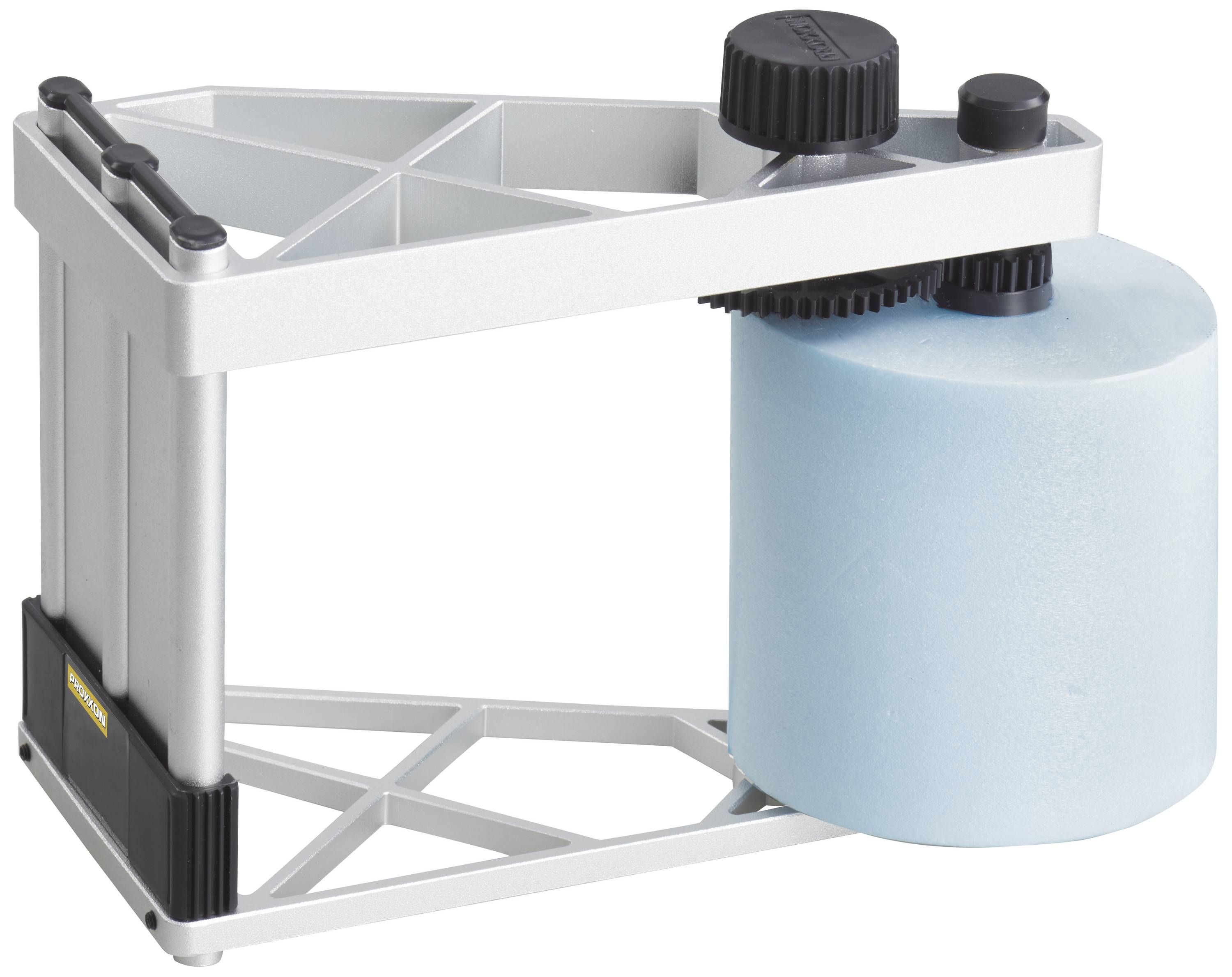 Zig-zag paper towel dispenser with a cylindrical blue paper roll secured in a silver, triangular metal frame.