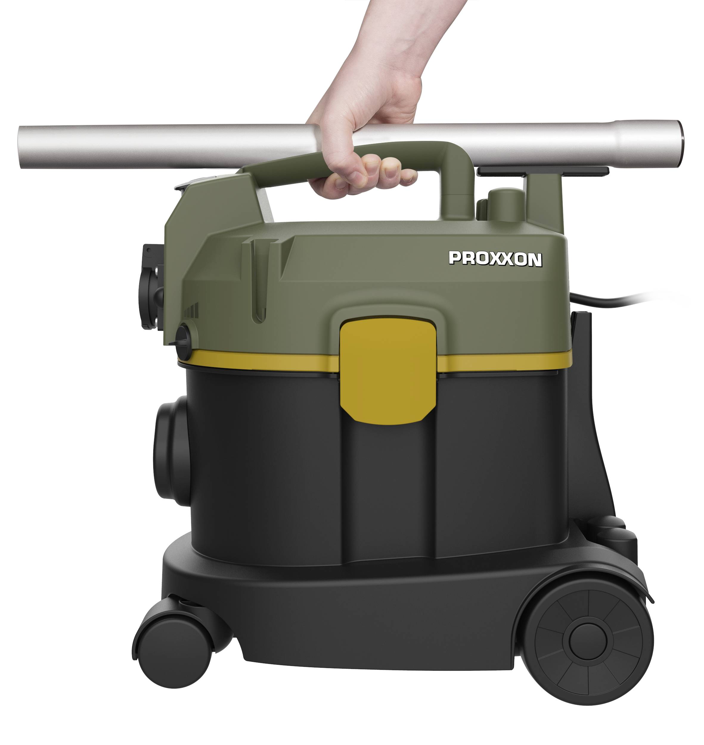 A vacuum cleaner is held by a hand on its handle. The vacuum cleaner is compact and portable.