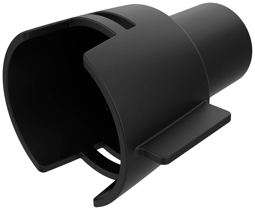 Black plastic component in cylindrical form with an open end and a side clip, potentially for adaptor functions.