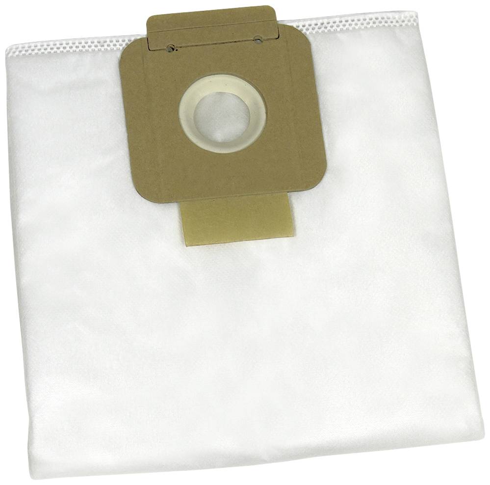 A white vacuum cleaner bag with a cardboard closure system in the centre, designed for collecting dust and dirt.