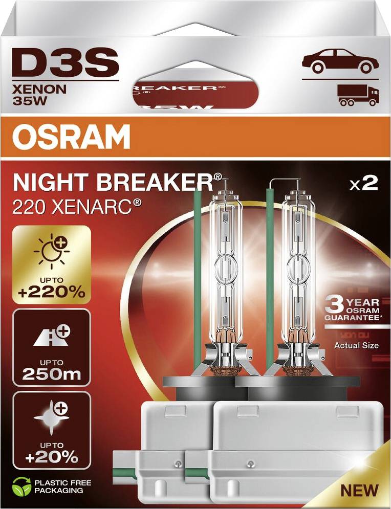 OSRAM Night Breaker 220 Xenarc D3S Xenon Lamps 35W. Increased Visibility: up to 250m, +220% more light, 20% whiter light.