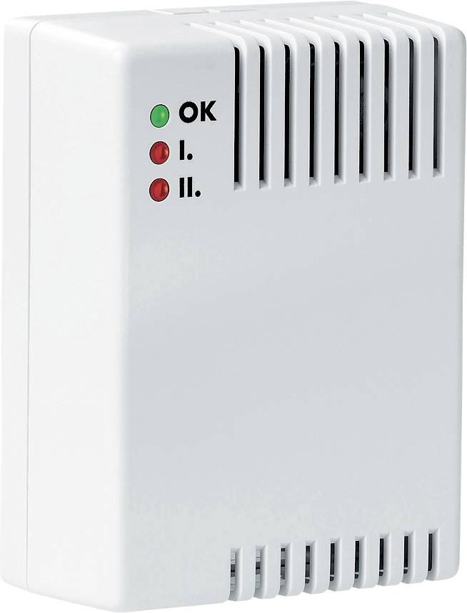 A rectangular, white device with ventilation slots. On the front, there are three indicator lights: green 'OK' and two red 'I.' and 'II.'.