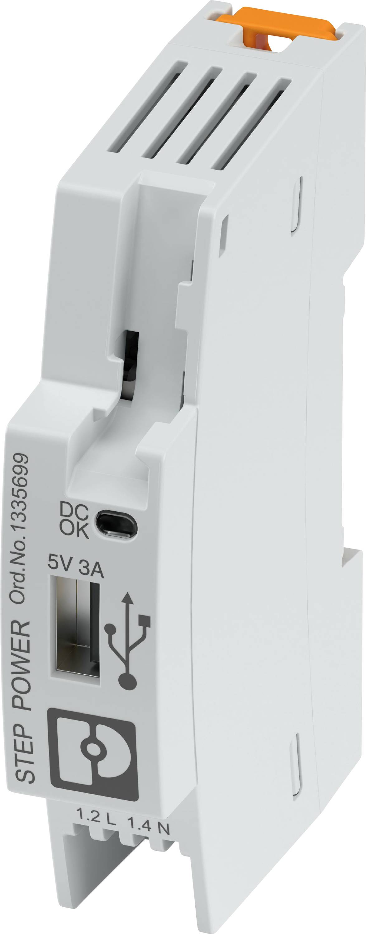 A slim electronic component with the inscription 'STEP POWER', 'DC OK' and '5V 3A', along with a USB port and a serial number.