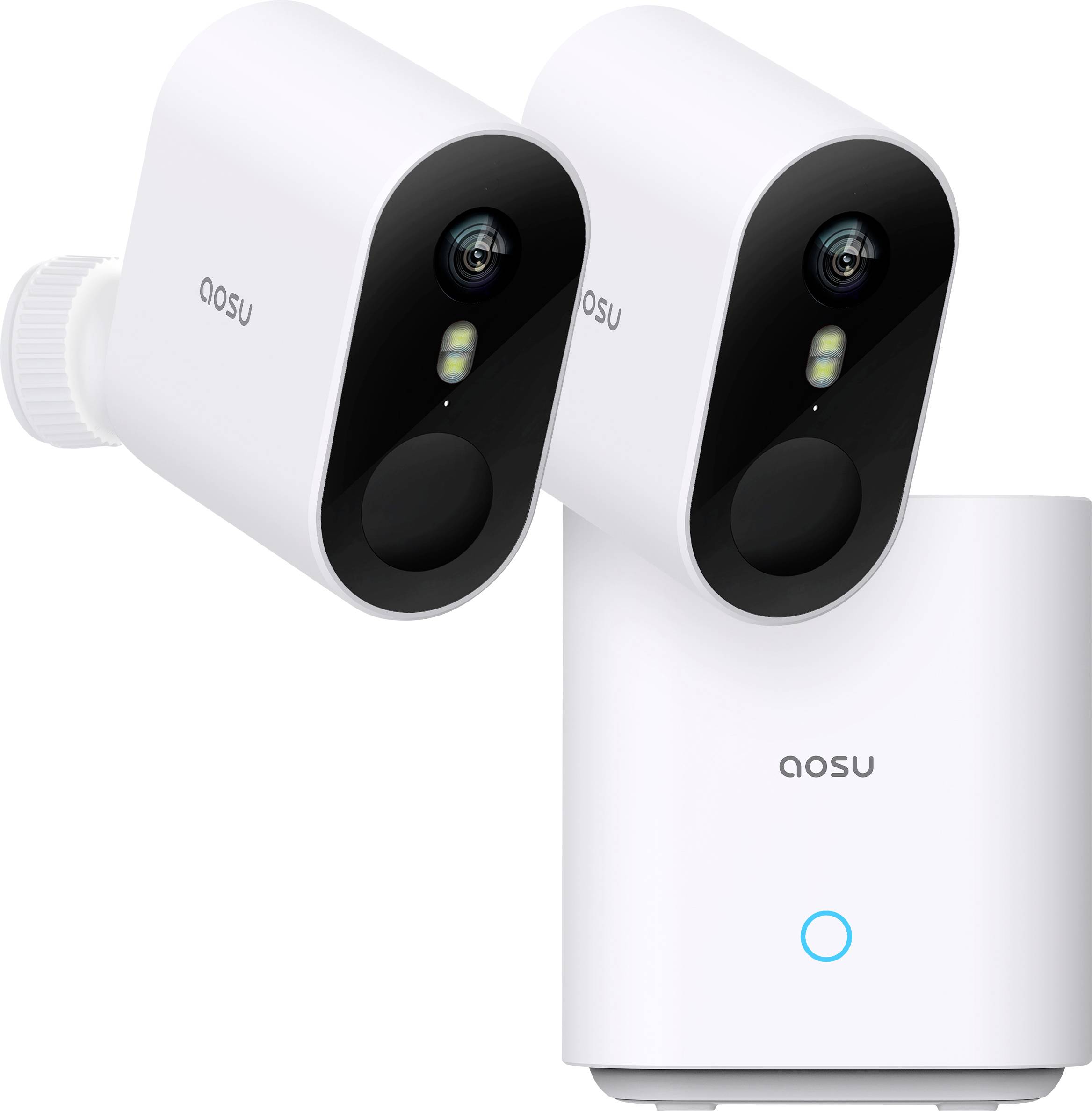 Two white, wireless security cameras with night vision beside a white base station.