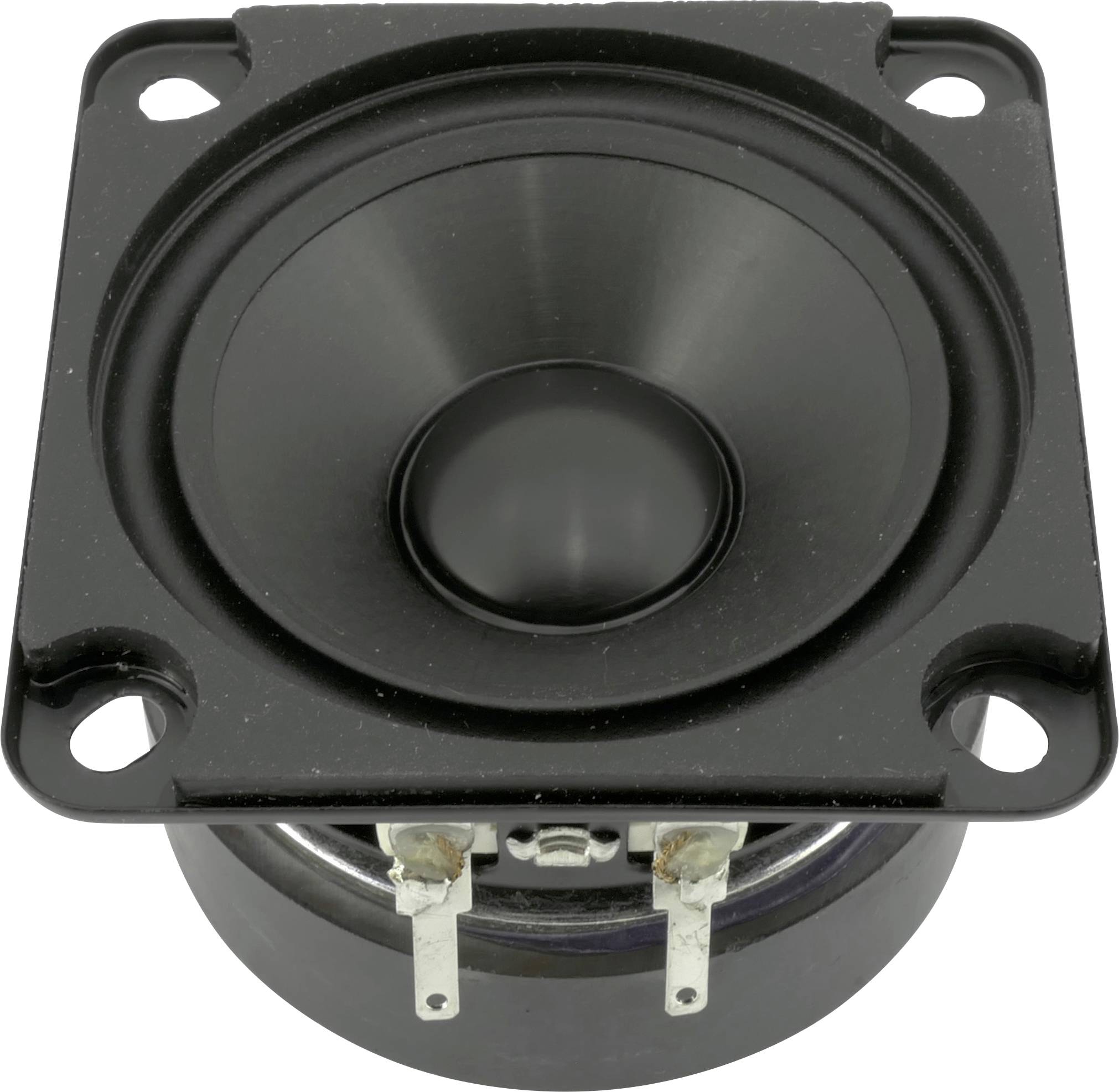 Black speaker in a square enclosure, photographed from the front, clearly showing the voice coil and connection terminals.