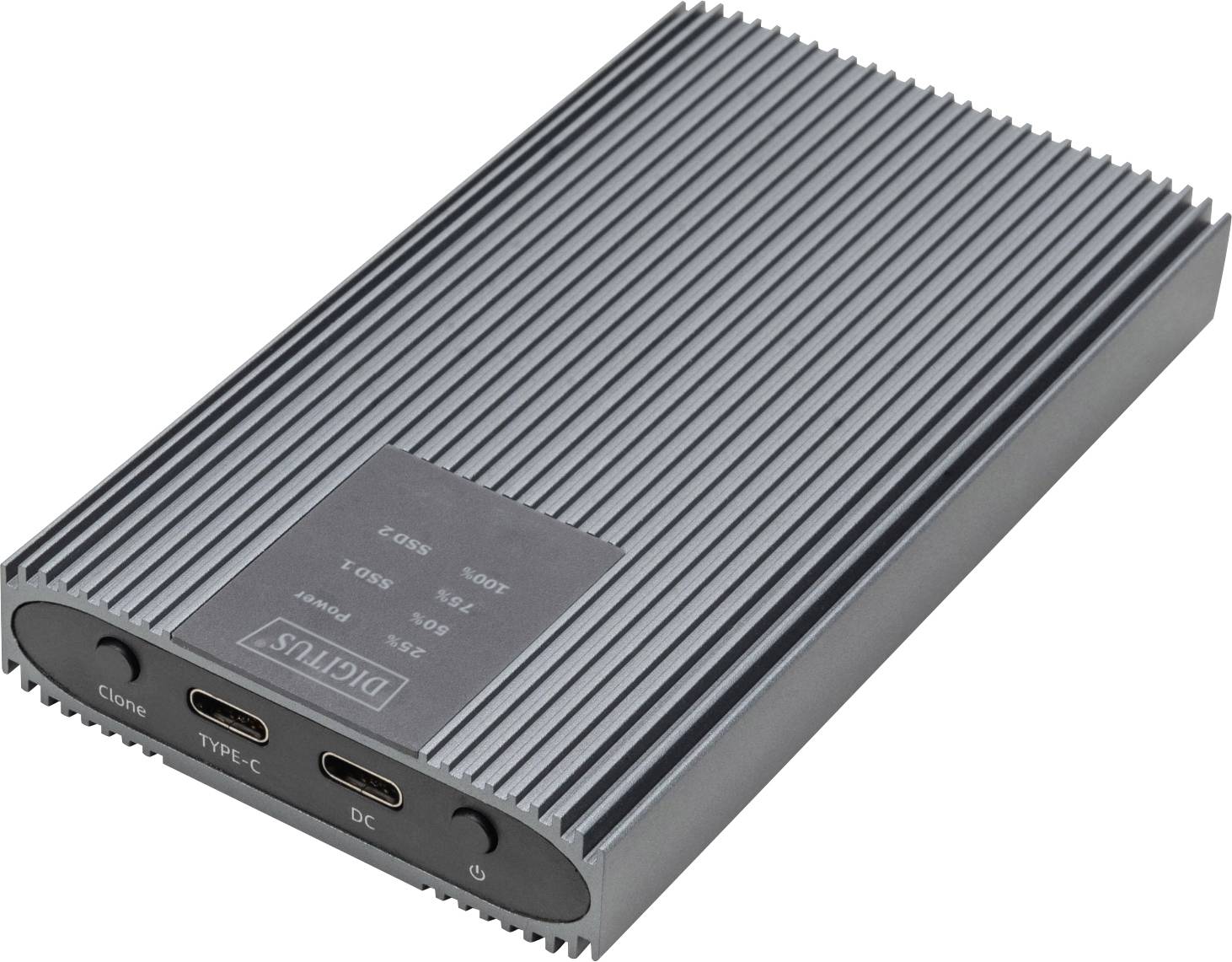 External hard drive with ribbed metal casing, two USB-C ports and a power socket. Marked with 'Type-C', 'Clone', 'Power'.