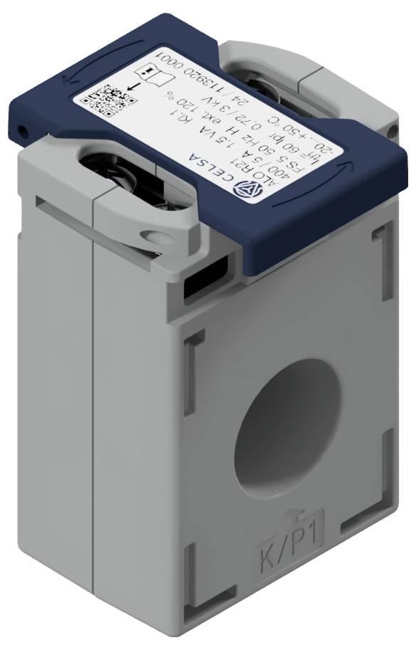 Sensor in a rectangular housing, with a blue top surface and an oval opening. Nameplate on the top surface with specifications.