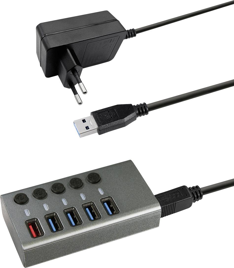 Maxtrack CH10L 5 ports USB 3.0 hub individually connectable Silver-grey