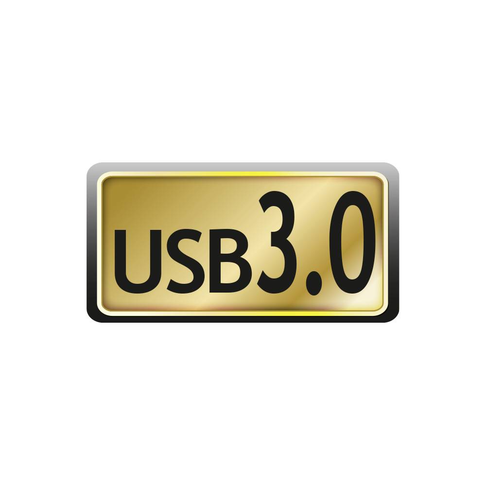 Rectangular logo with the text 'USB 3.0', black text on a gold-metallic background, symbolising rapid data transfer.