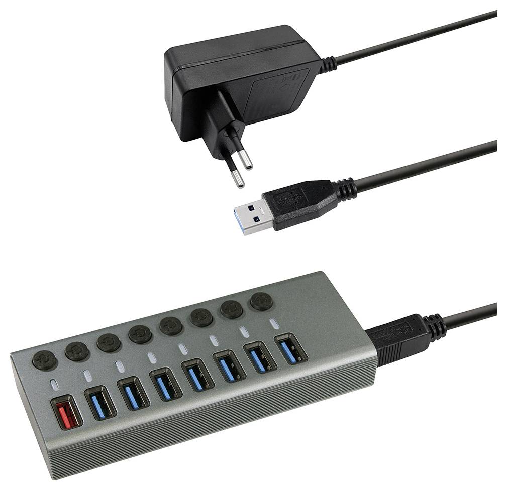 USB hub with seven ports, five black, two blue marked, connected with a mains cable and a USB cable for power supply and data transfer.