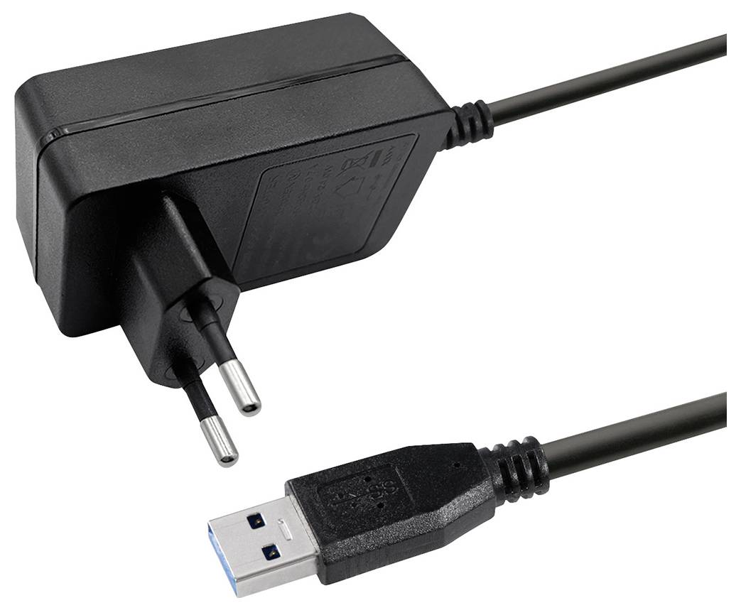Black power adapter with European plug, connected to a USB cable. Suitable for charging devices.