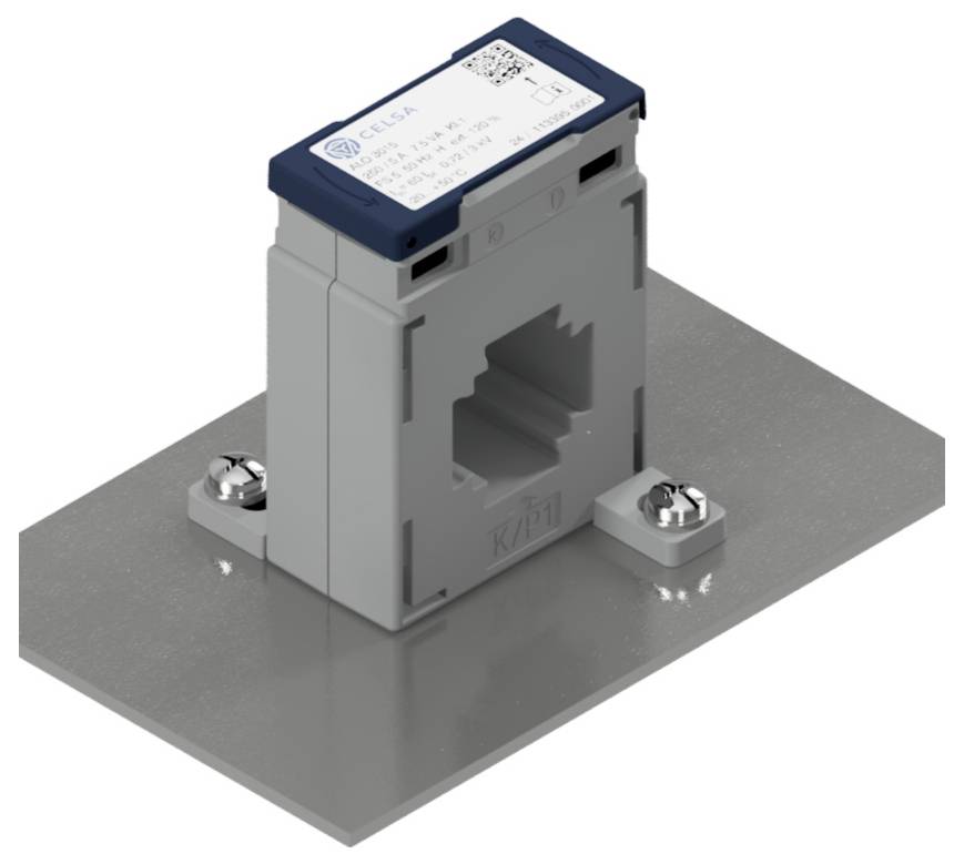 A grey current transformer with a rectangular shape mounted on a metal mounting plate, used for measuring electrical currents.