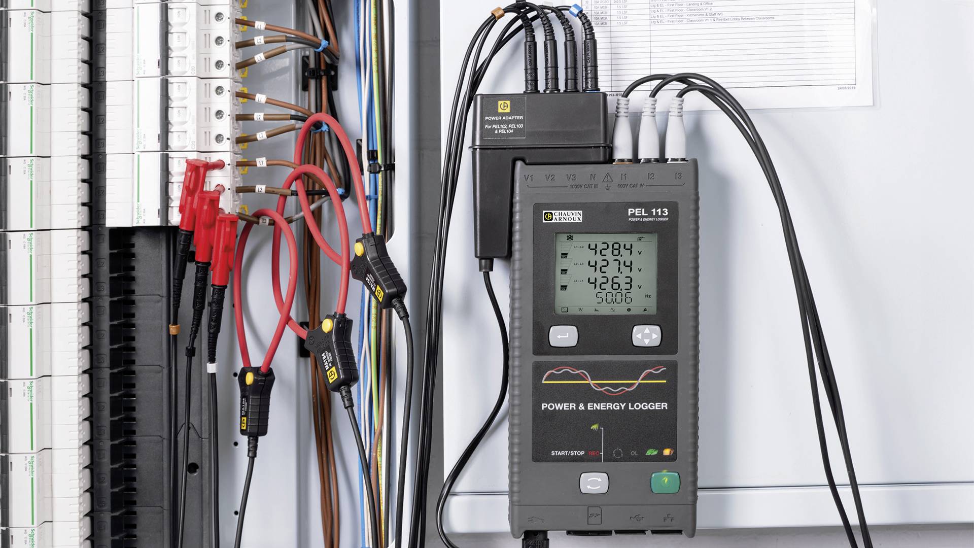 An energy meter is connected to a control cabinet with multiple cables and measures electrical values such as voltage and current.