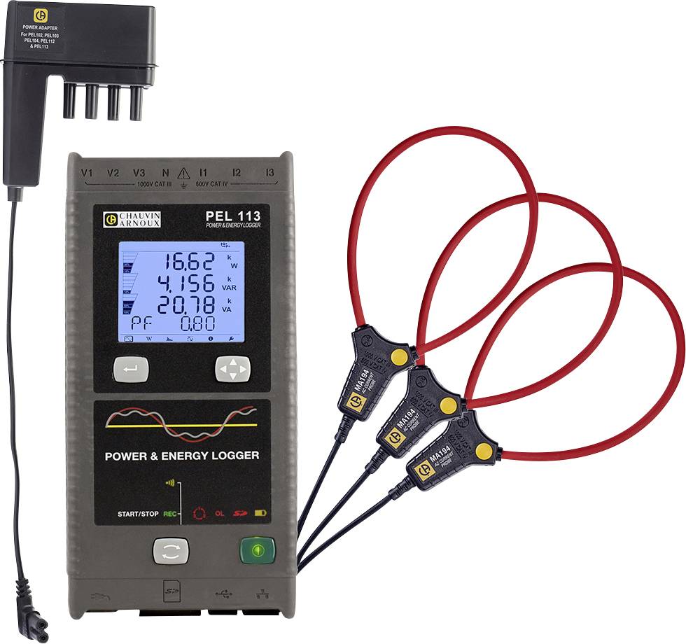 A power and energy data logger with a digital display shows values such as voltage and current. Three measurement sensors are connected.
