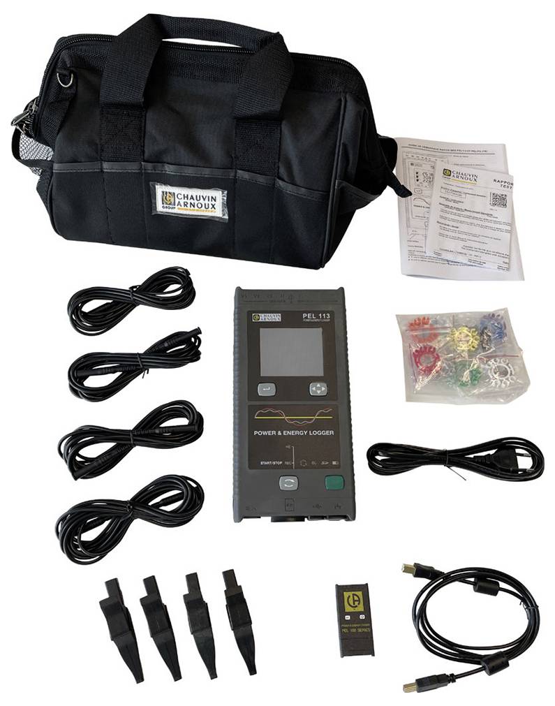 An energy measurement device set with a carry bag, multiple cables, a main unit, coloured attachments, and instruction manuals.