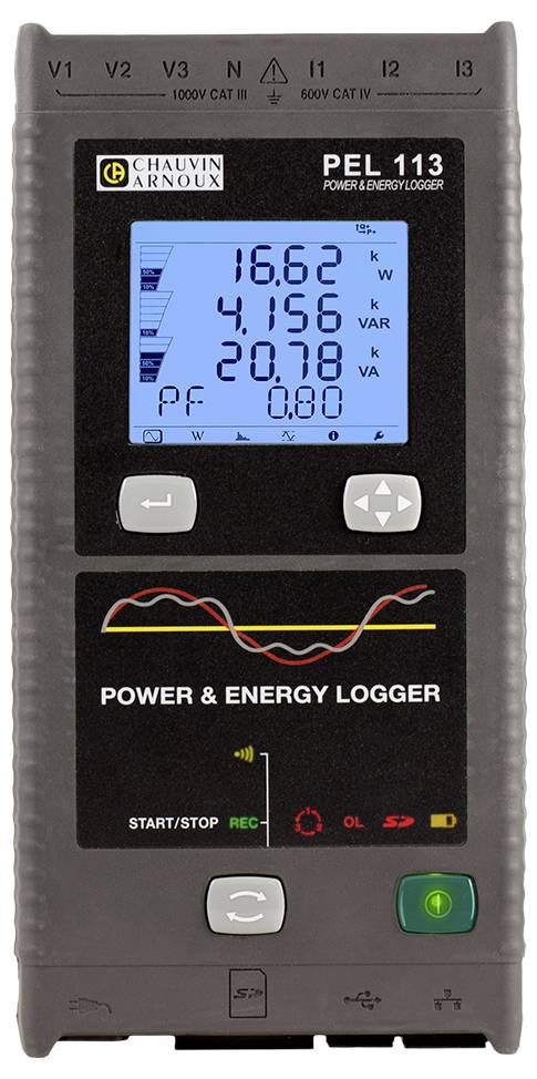 A black and grey power and energy data logger with an illuminated display, showing voltage and current measurements in kWh.