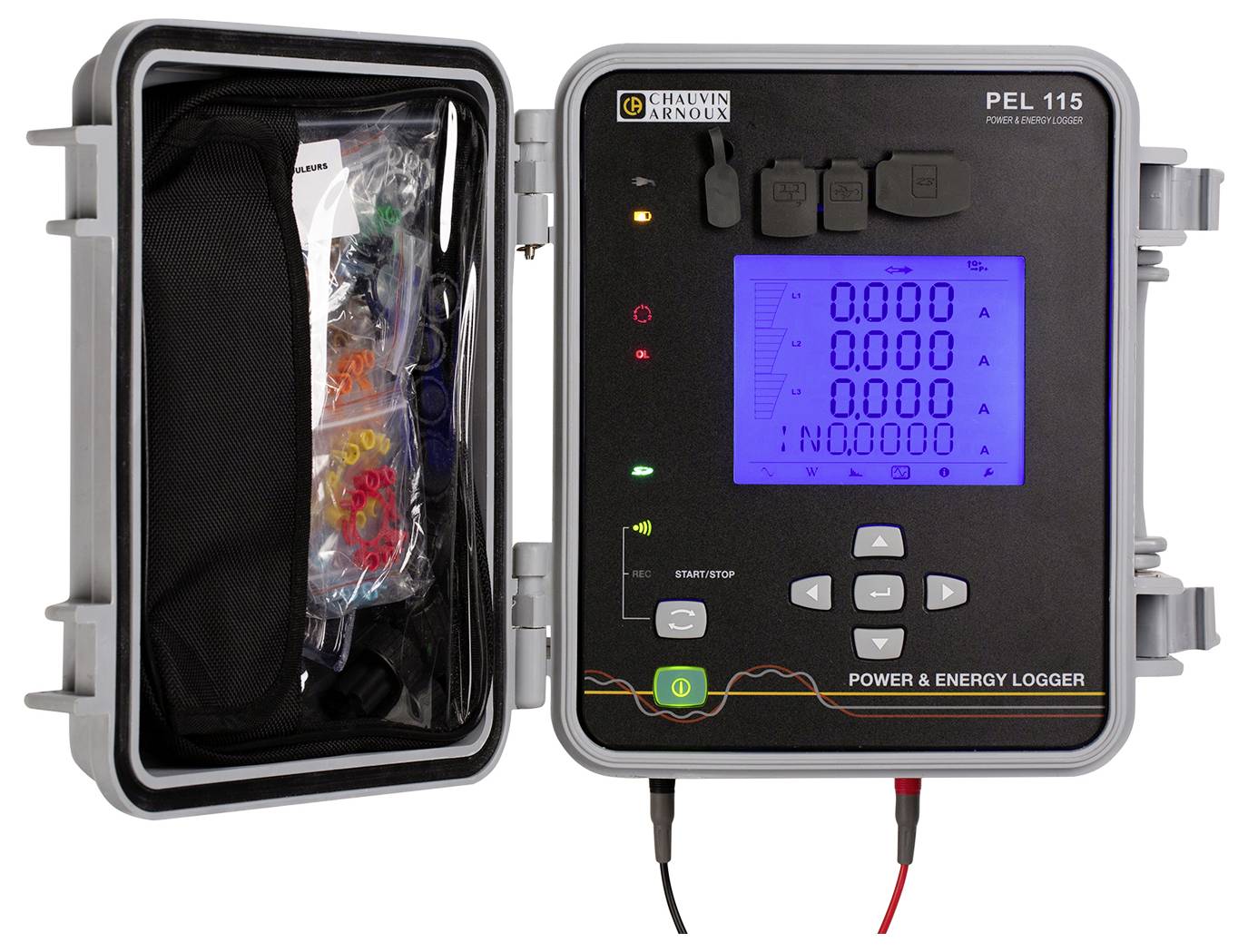 An open current and energy data logger with a blue-illuminated display shows numerical values. To the left, there is a compartment with accessories.