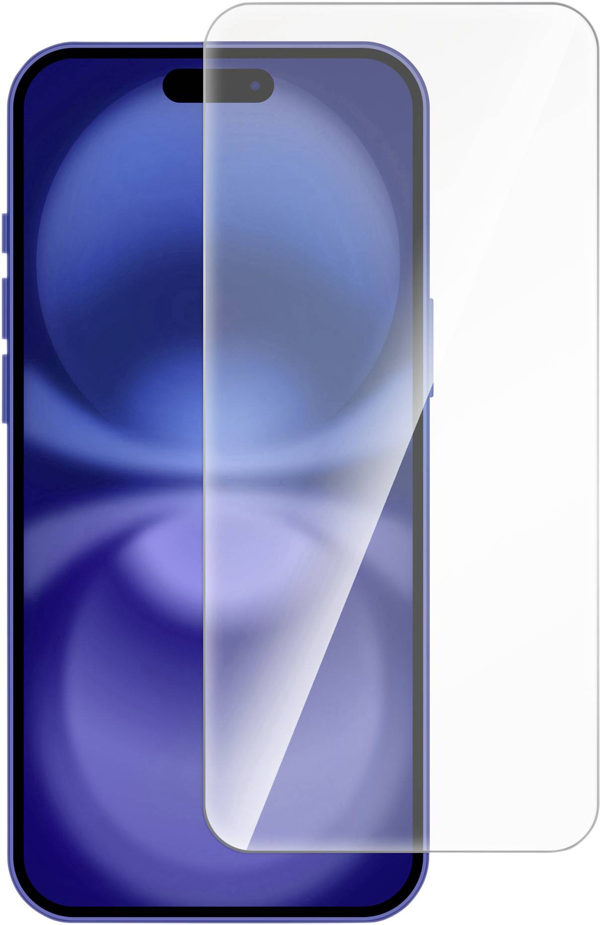 Smartphone with a blue screen and a glass screen protector laid over the display.