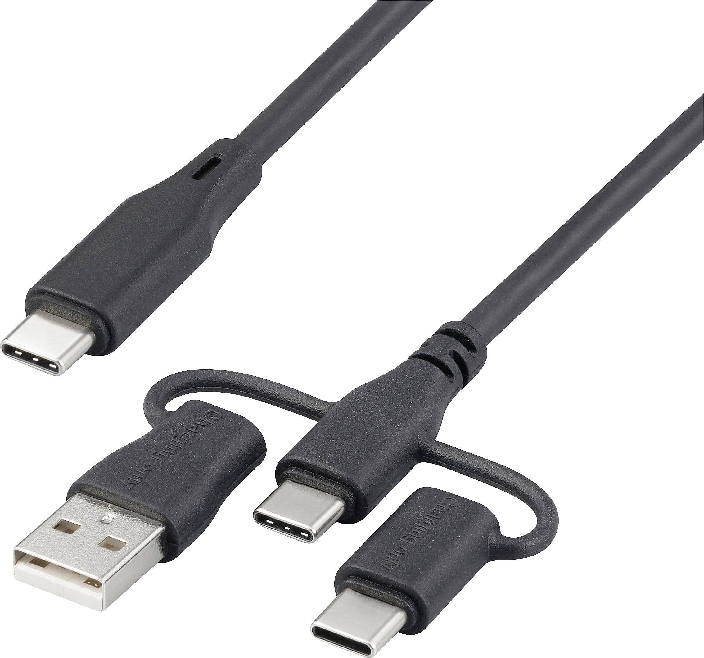 Three-in-one USB cable: A single cable with USB-C, Micro-USB, and USB-A connectors for use with various devices.