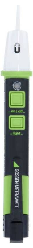 A green and black voltage tester with a white sensor at the tip and two illuminated buttons labelled 'on/off' and 'light'.