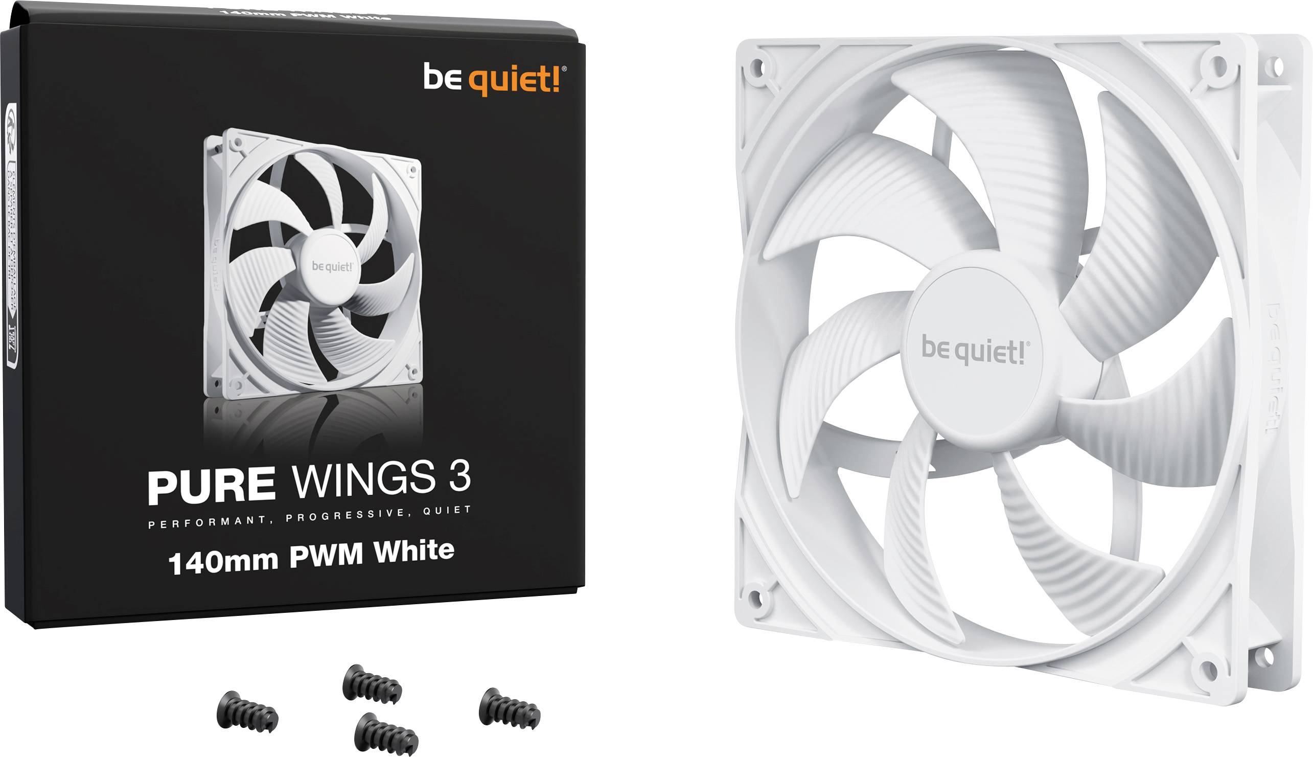 A white PC case fan with the inscription 'be quiet! PURE WINGS 3'. Mounting screws are included. Packaging is visible on the left side of the image.