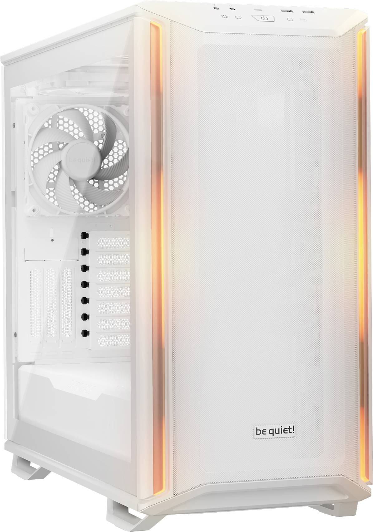 A white computer case with a side fan and orange LED lights along the edges. Branded with 'be quiet!'.