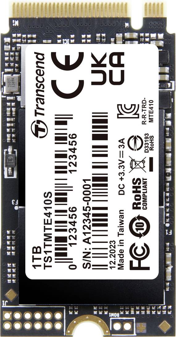 1 TB M.2 SSD from Transcend, Model Number TS1TMTE440S. Displays manufacturer information and compliance certifications.